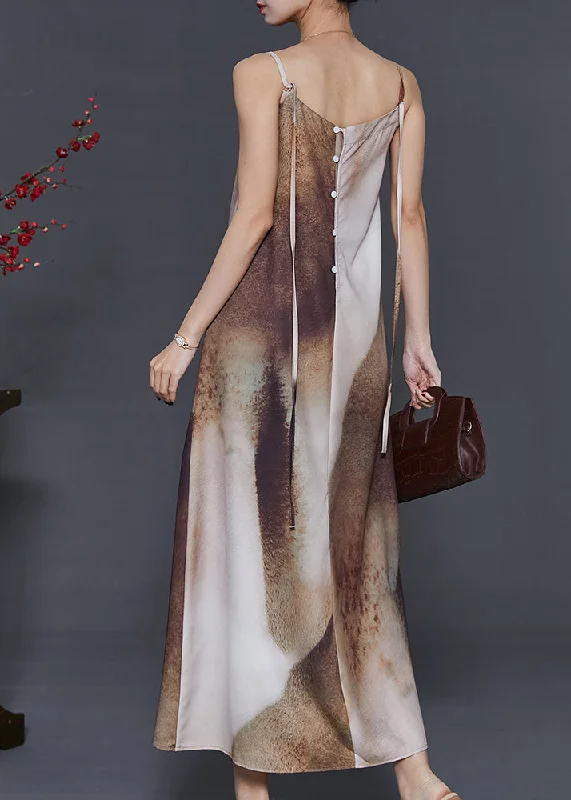 mini dressChic Brown Tie Dye Draping Silk Spaghetti Strap Dress Summer