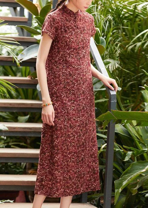 Unbeatable Prices sophisticated dressWomen red print linen cotton clothes stand collar side open Dresses summer Dresses