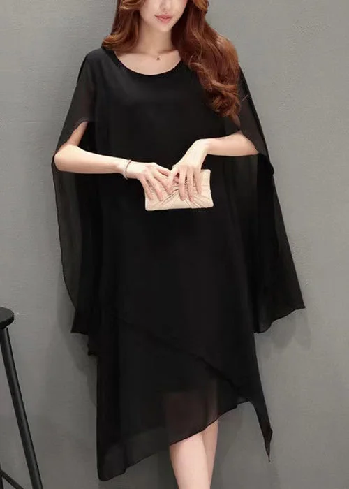 wrap-around dressPlus Size Black O Neck Solid Chiffon Cape Dresses Summer