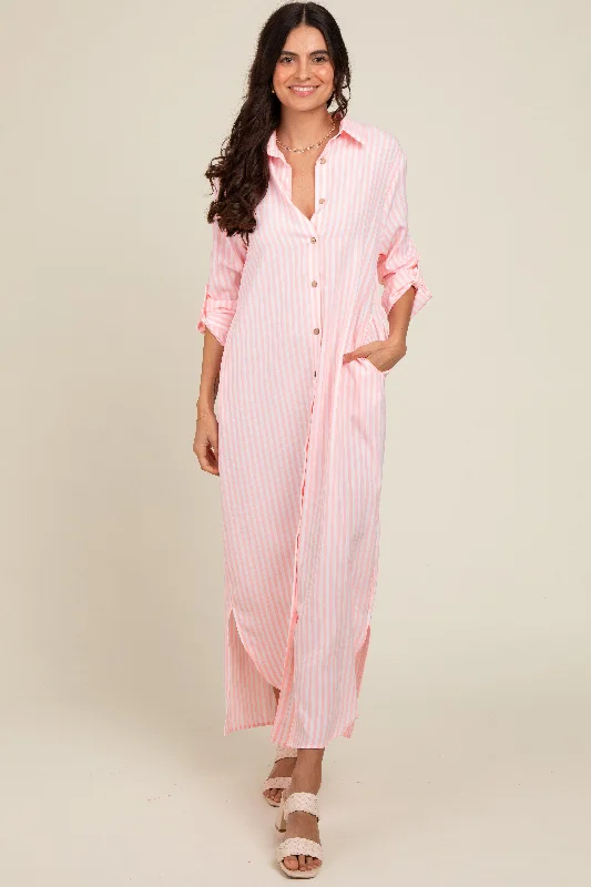 Fantastic Offers minimalistic dressPink Striped Button Down Maxi Dress