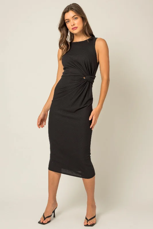 Closeout boho-chic dressBlack Rib Knit Sleeveless Side Twist Midi Dress