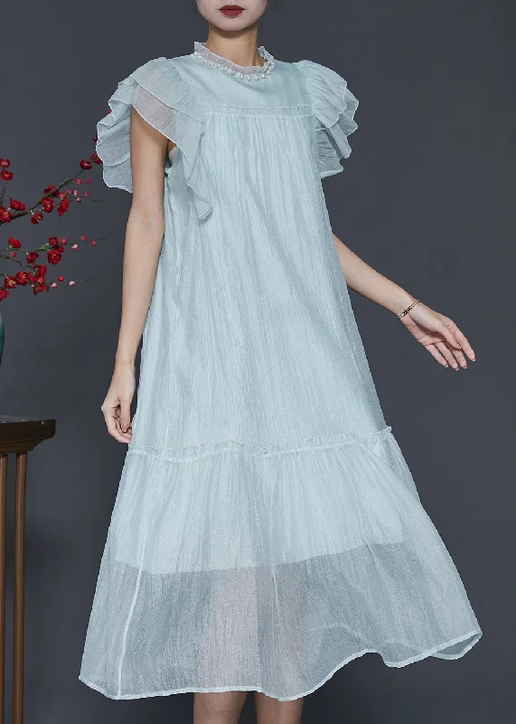 textured dressFashion Sky Blue Ruffled Silk Maxi Dresses Summer