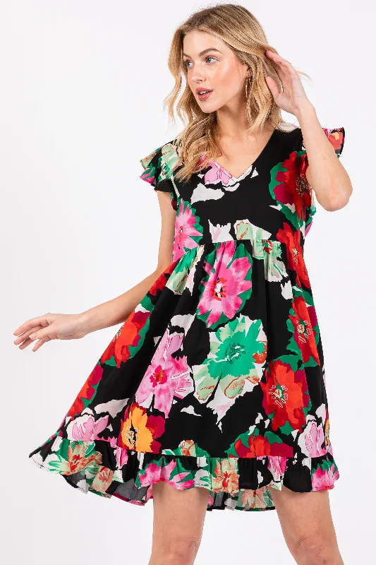 Year-End Sale floral wrap dressBlack Floral Ruffle Shoulder Dress