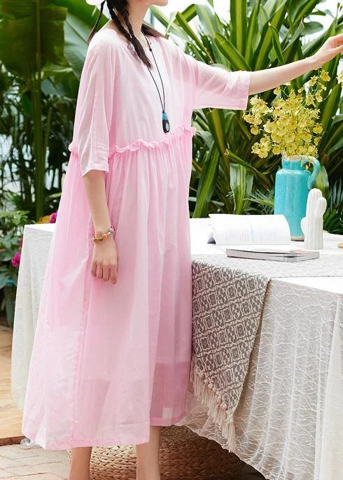 Overstock chic wrap dressWomen pink cotton linen Robes o neck patchwork A Line summer Dresses
