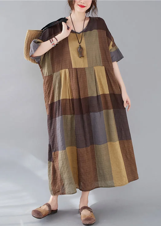 draped dressPlus Size Plaid V Neck Patchwork Linen Long Dresses Summer