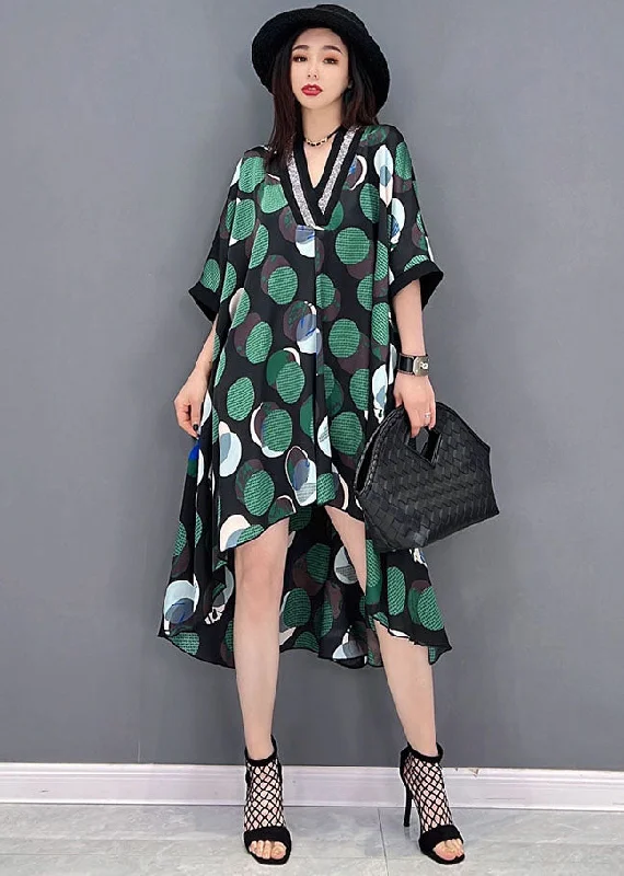 Major Savings casual slip dressGreen Dot Print Patchwork Chiffon Long Dresses Low High Design Short Sleeve
