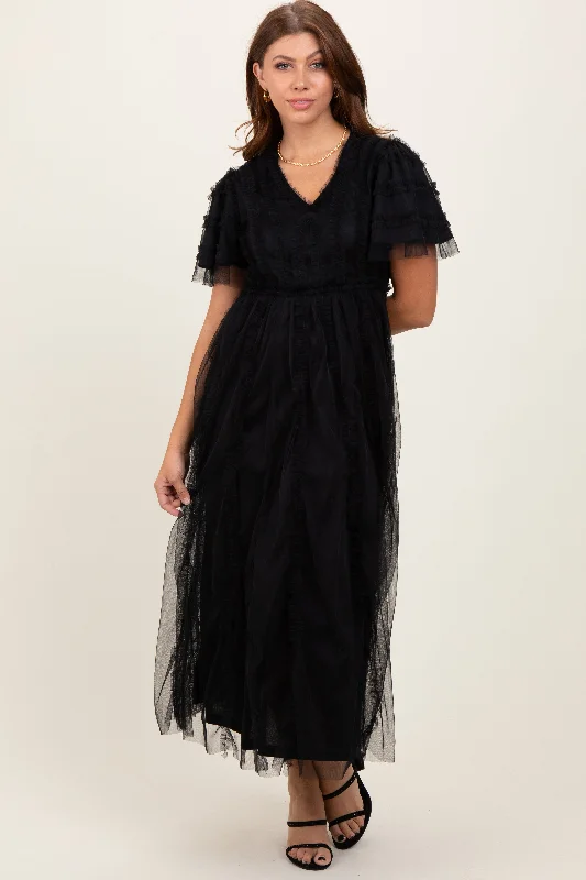 Exclusive Savings casual summer dressBlack Ruffle Accent Mesh Overlay Maxi Dress