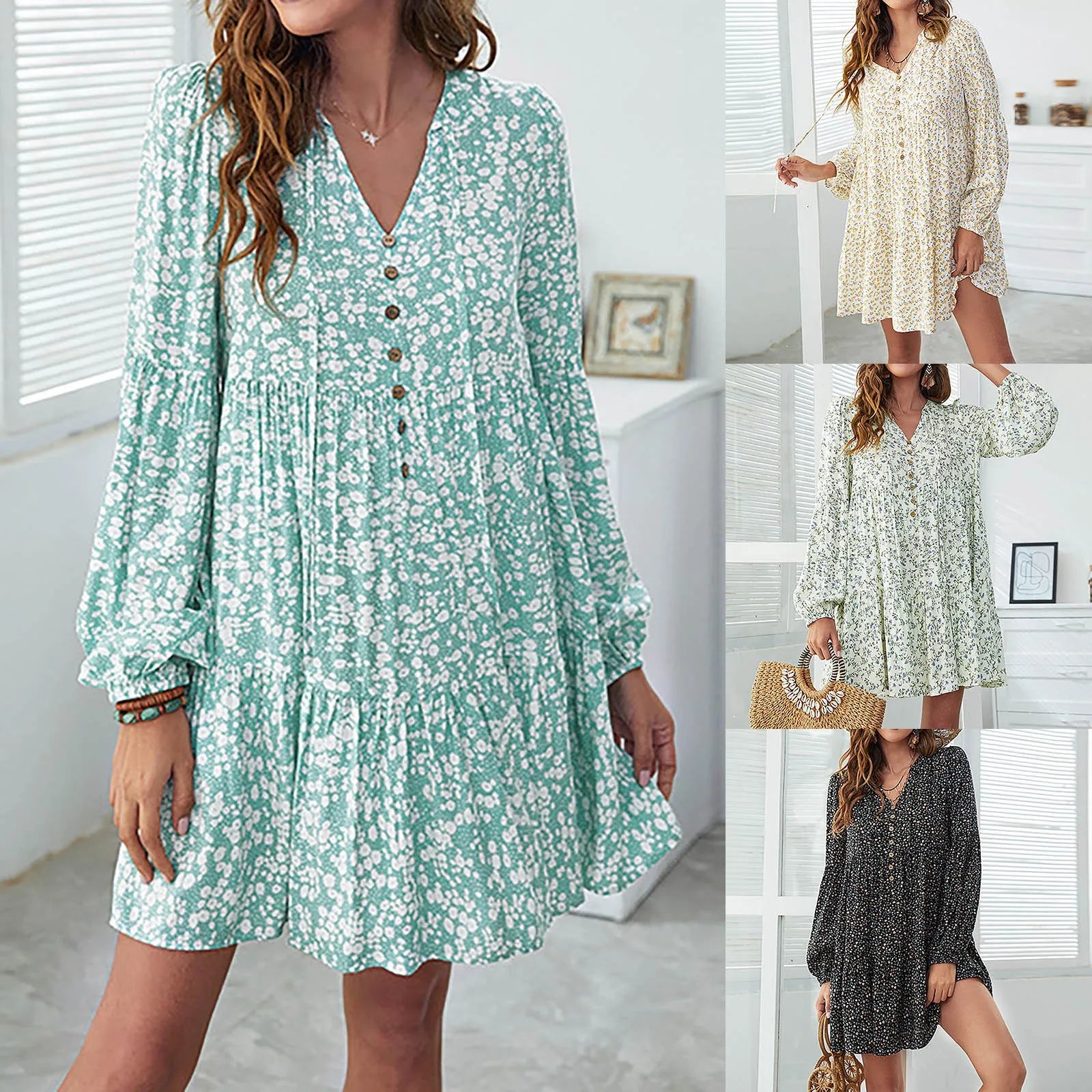 casual slip dressJuliaFashion - Casual 2024 New Women's Summer V Neck Long Sleeve Single Breasted Vintage Oversize Loose Mini Spring Summer Vestidos Dress