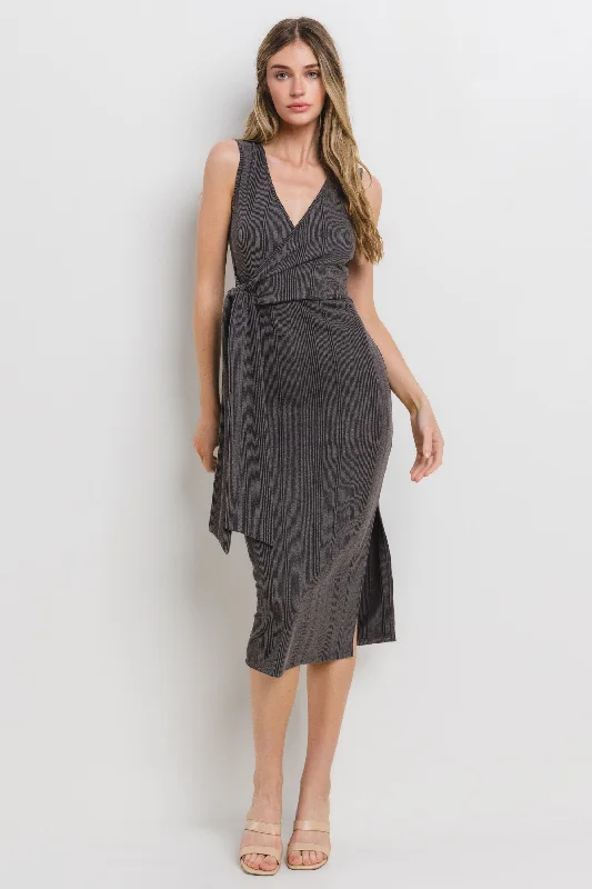 Incredible Offers bohemian dressCharcoal Ribbed Wrap Midi Dress