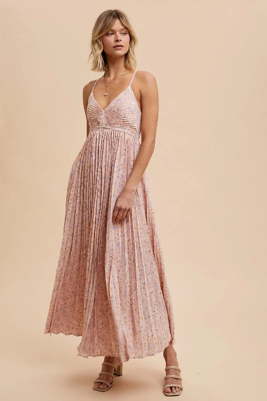 Online Specials stylish dressLight Pink Floral Pleated Back Cutout Maxi Dress