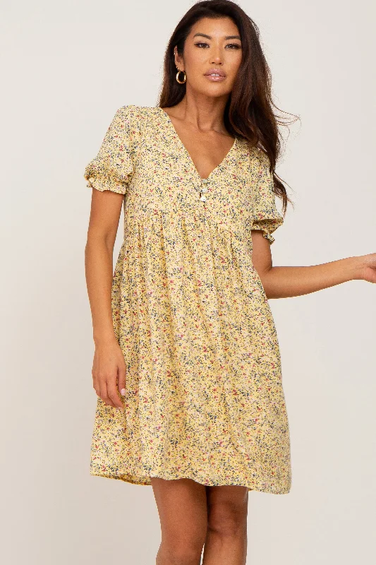 Daily Deals casual dressYellow Floral V-Neck Button Dress