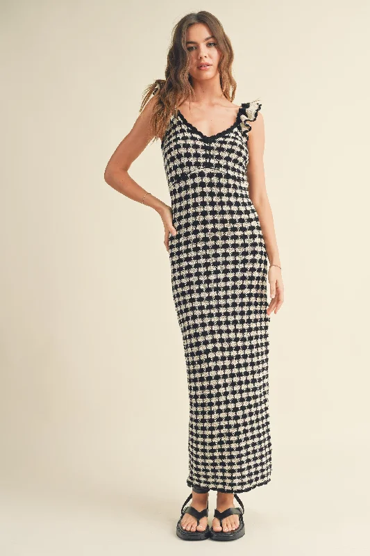 Don’t Miss Out spaghetti strap dressBlack Crochet Knit Ruffle Strap Midi Dress