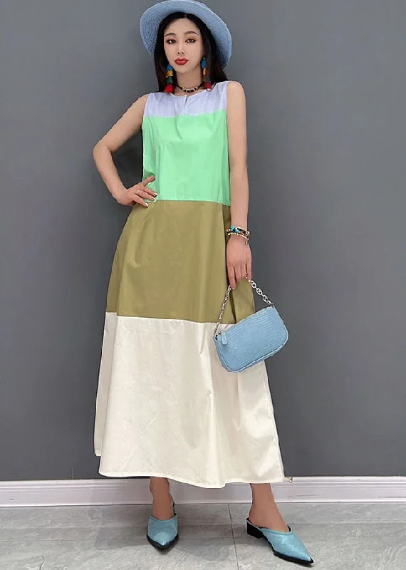 Today’s Deal floral dressSlim Fit Colorblock O-Neck Patchwork Cotton Holiday Long Dress Sleeveless