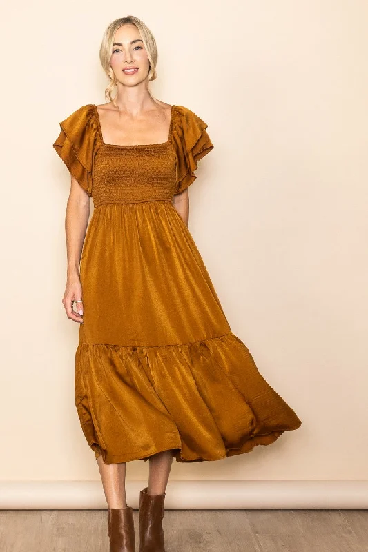 Super Sale wool dressCamel Satin Flutter Sleeve Midi Dress