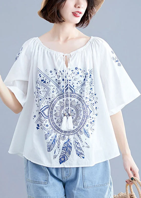 Flash Deals flowy dressBoutique White O-Neck tie waist Print Tops Short Sleeve