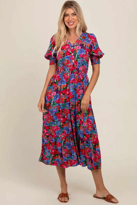 Low Prices ashionable dressBlue Floral Smocked Waist Midi Dress