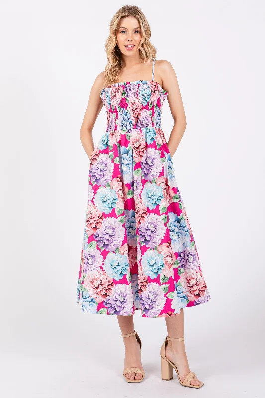 Don't Wait romantic dressFuchsia Floral Smocked Midi Dress