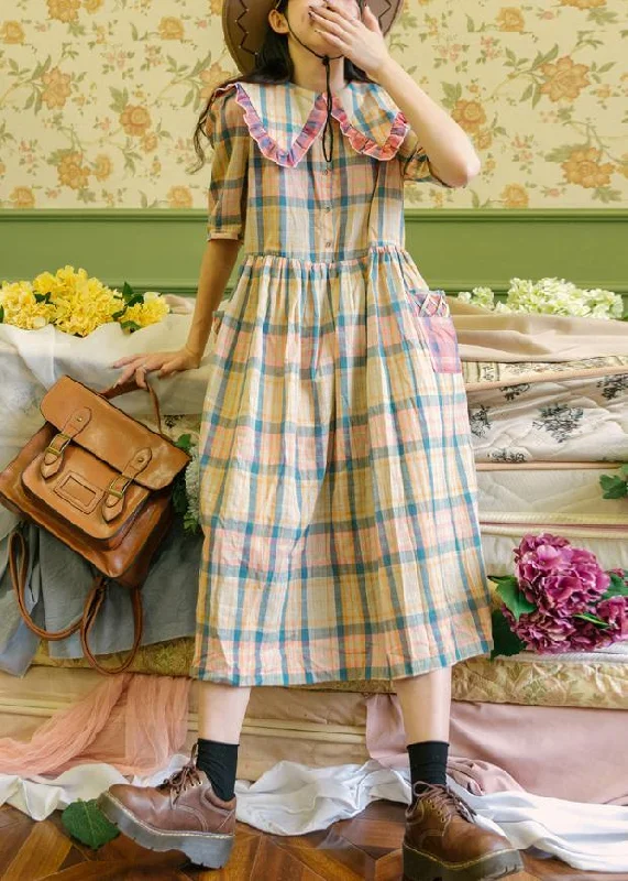 Lowest Prices cocktail dressPlaid Ruffled Button Puff Sleeve Summer Cotton Dresses