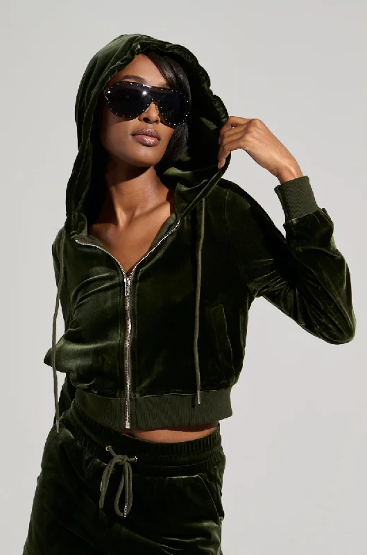 Savings Event BRAT RHINESTONE VELVET OLIVE ZIP UP SWEATSHIRT