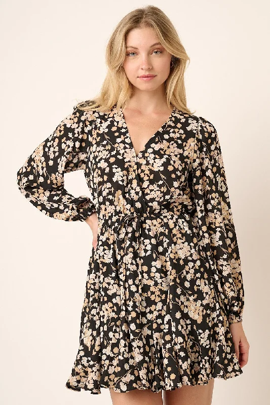 Great Deals chic slip dressBlack Flower Print Surplice Godet Detail Mini Dress