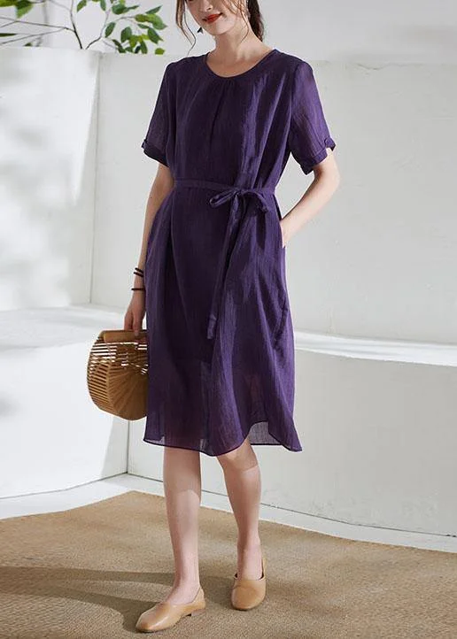 Deal Alert flowy maxi dressSimple Purple Tie Waist Embroideried Summer Ramie Vacation Dress
