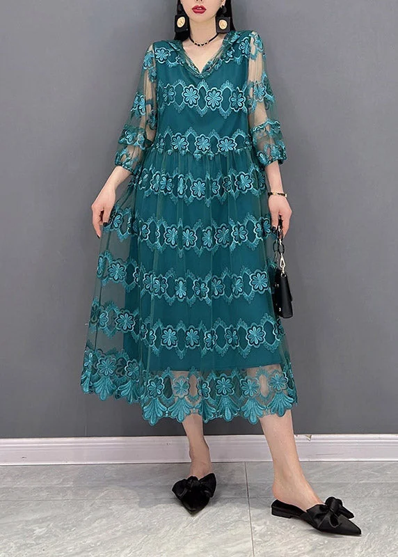 Discount Deals silk dressBlue V Neck Tulle Patchwork Hooded Dress Three Quarter sleeve Discount Deals silk dressBlue V Neck Tulle Patchwork Hooded Dress Three Quarter sleeve