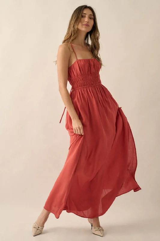 Value Deals draped dressRust Solid Gather-Bodice Straight-Neck Maxi Dress