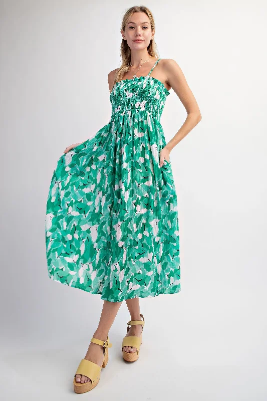 The Best Prices elegant evening dressGreen Abstract Floral Smocked Midi Dress
