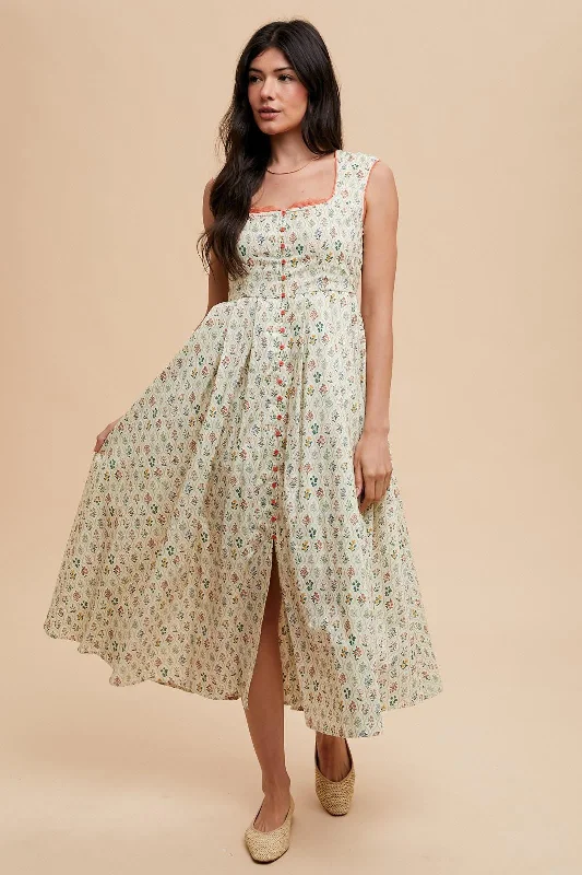 Price Blitz evening dressCream Floral Button Front Sleeveless Maxi Dress