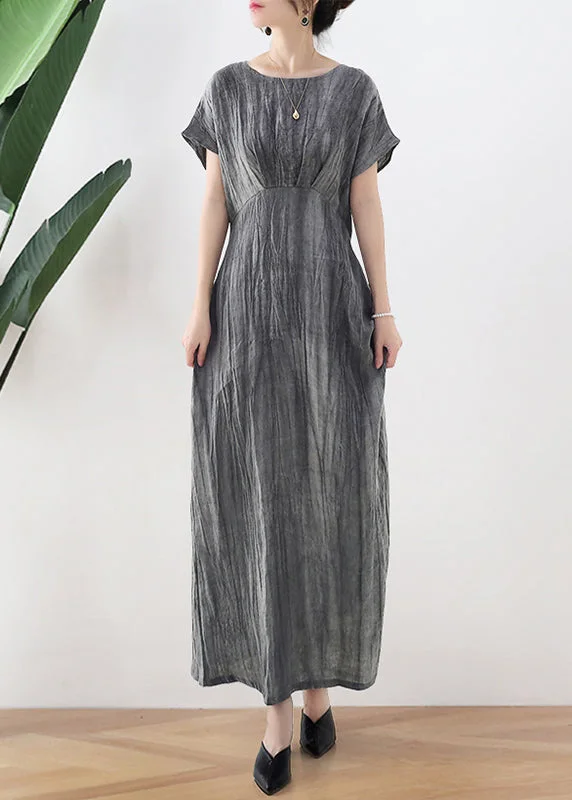 Special Price draped dressGrey Tie Dye Vintage Long Dresses Tie Waist Short Sleeve