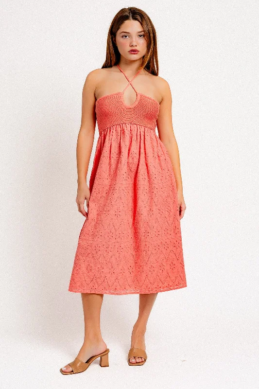 New Markdowns elegant shift dressCoral Eyelet Crochet Halter Dress