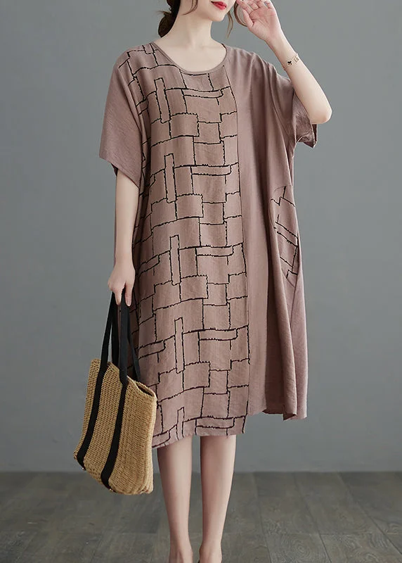Season Finale Sale casual slip dressApricot Loose Cotton Dress O-Neck Short Sleeve