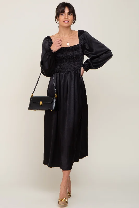 Bargain Bin ruffle dressBlack Smocked Square Neck Satin Midi Dress
