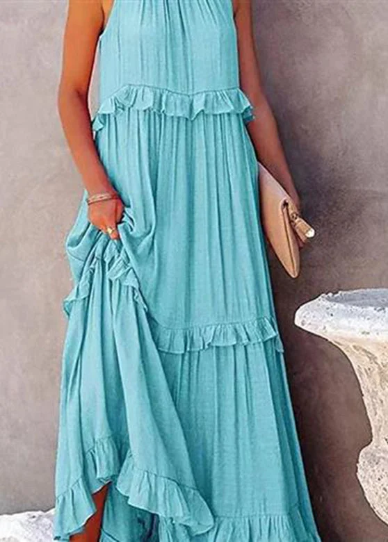 denim dressSimple Light Blue Ruffled Patchwork Wrinkled Long Dresses Summer