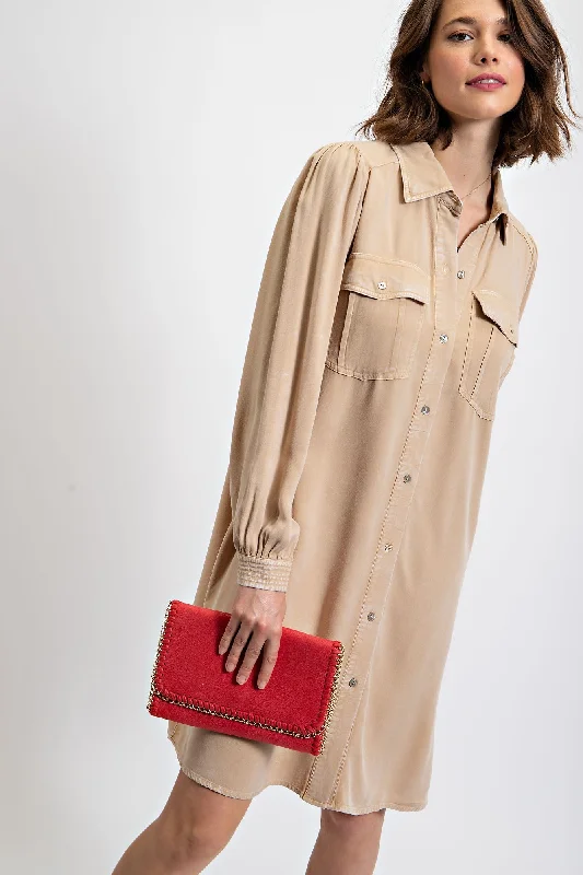 Deal Mania draped dressBeige Vintage Wash Shirt Dress
