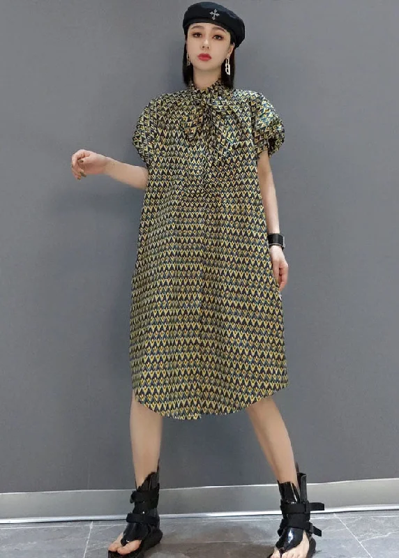 Price Slash sophisticated dressElegant Original Stand Collar Print Cotton Shirt Dress Short Sleeve