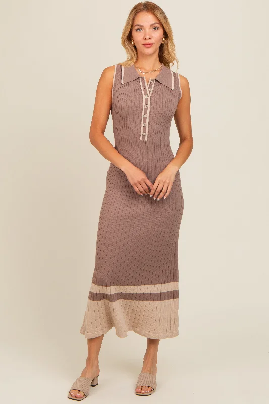 Friends and Family Sale sleeveless dressMocha Knit Button Front Contrast Border Midi Dress