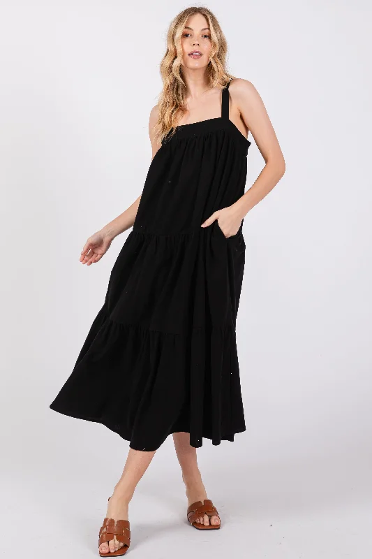 Super Sale casual shift dressBlack Tiered Midi Dress
