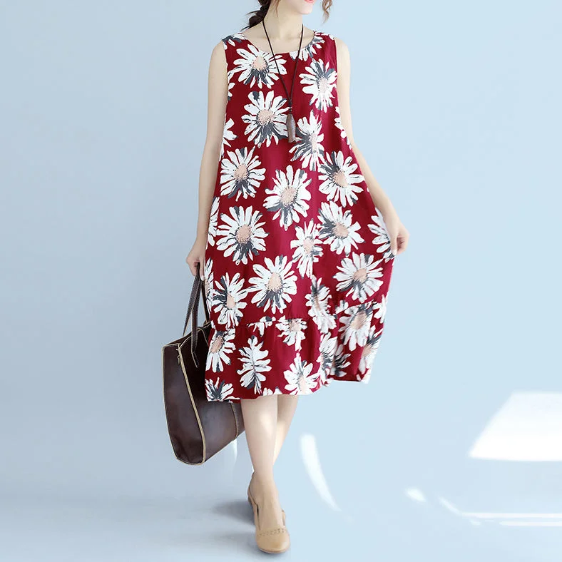 Overstock shift dresswomen red linen dresses oversize traveling dress Fine sleeveless floral cotton dresses