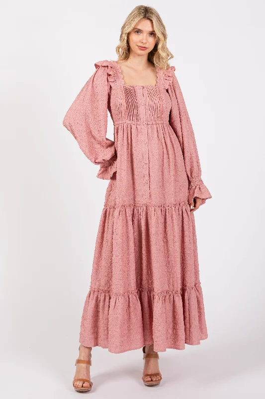 Price Drop vintage dressMauve Button Pleated Front Square Neck Ruffle Tiered Maxi Dress