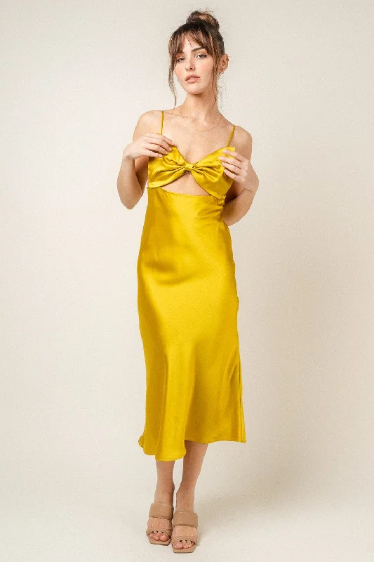 Doorbuster Deal party-ready dressYellow Bow Satin Slip Midi Dress