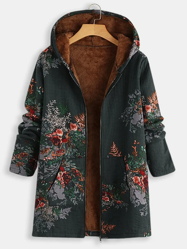 Midnight Madness stylish lightweight coatVintage Print Plus Velvet Cotton and Linen Ladies Long Hooded Zipper Coat