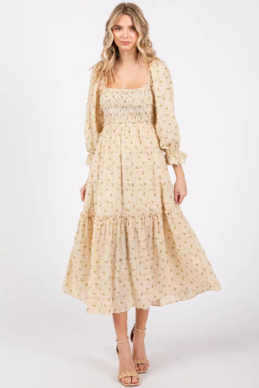 Buy More, Save More chic wrap dressBeige Floral Square Neck Smocked Fringe Midi Dress Buy More, Save More chic wrap dressBeige Floral Square Neck Smocked Fringe Midi Dress