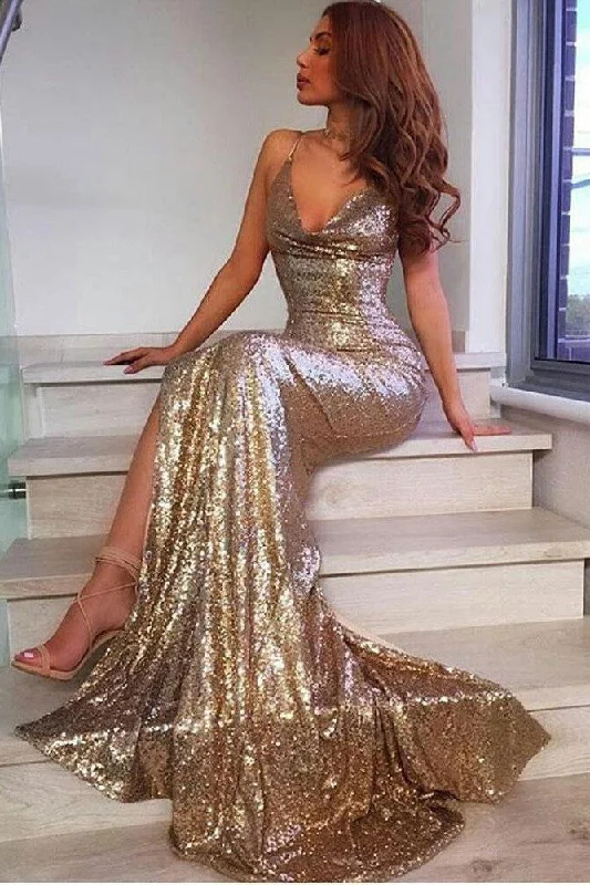 pleated dressMermaid Trumpet Sequins Spaghetti Sleeveless Open Back Straps Prom Evening Dress-333792