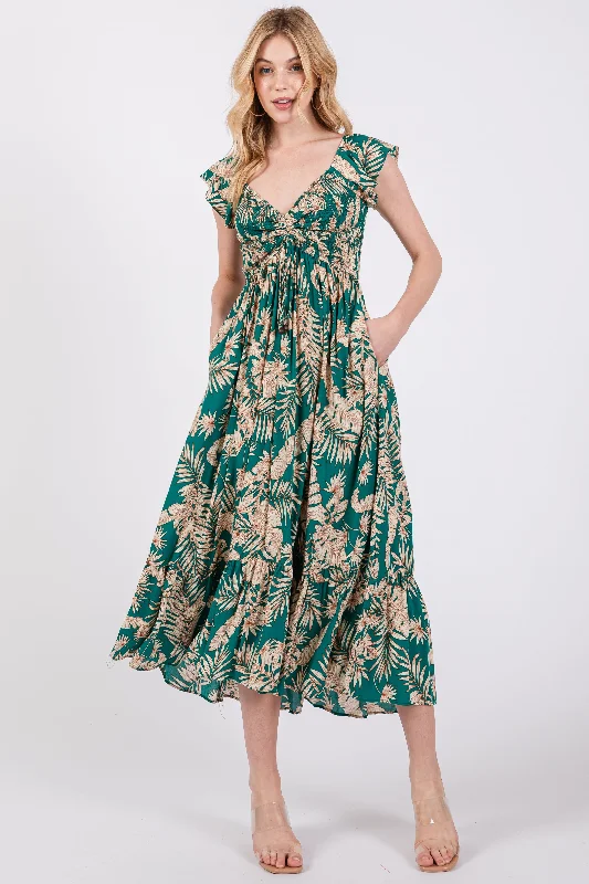 YEAR-End Sale sleek midi dressJade Tropical Print Smocked Short Sleeve Maxi Dress