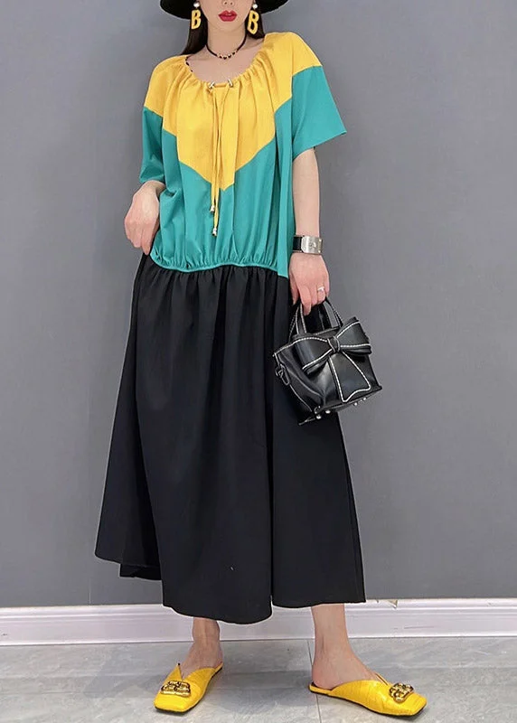 Early Access structured dressPlus Size O-Neck Patchwork Drawstring Wrinkled Chiffon Dress Short Sleeve