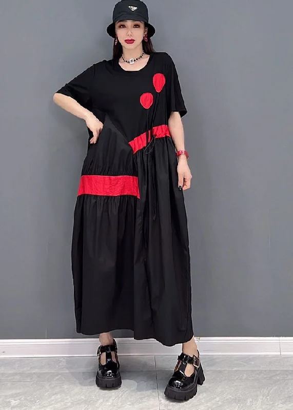 Hurry In oversized dressStylish Streetwear Black Drawstring Asymmetrical Patchwork Cotton Pleated Dresses Short Sleeve