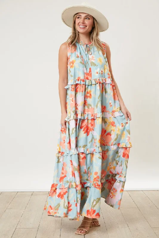Great Deals elegant shift dressLight Blue Floral Sleeveless Ruffle Tiered Maxi Dress Great Deals elegant shift dressLight Blue Floral Sleeveless Ruffle Tiered Maxi Dress