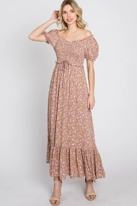 Savings Event puff sleeve dressLavender Floral Sweetheart Neck Off Shoulder Maxi Dress