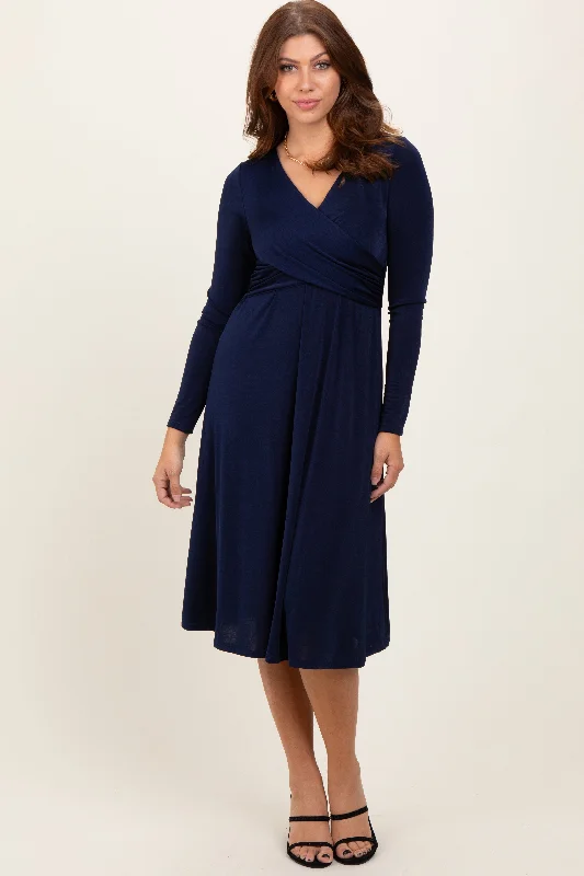 Deal Mania luxury dressNavy Crossover V-Neckline Long Sleeve Nursing Dress